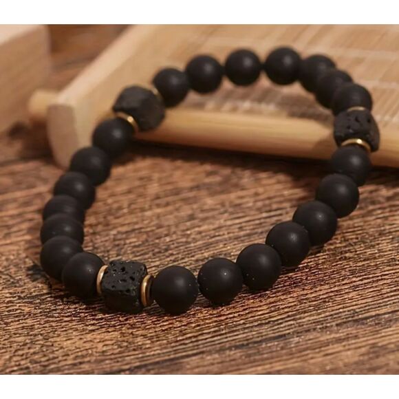 Square Round Beads Mens Modern Diffuser Essential Oil Stretch Bracelet Gold - Picture 2 of 4